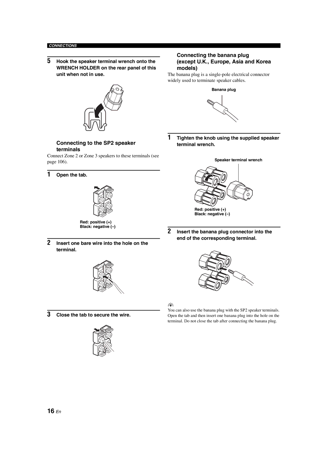 Yamaha RX-V1700 owner manual 16 En, Connecting the banana plug, Models, Connecting to the SP2 speaker Terminals 