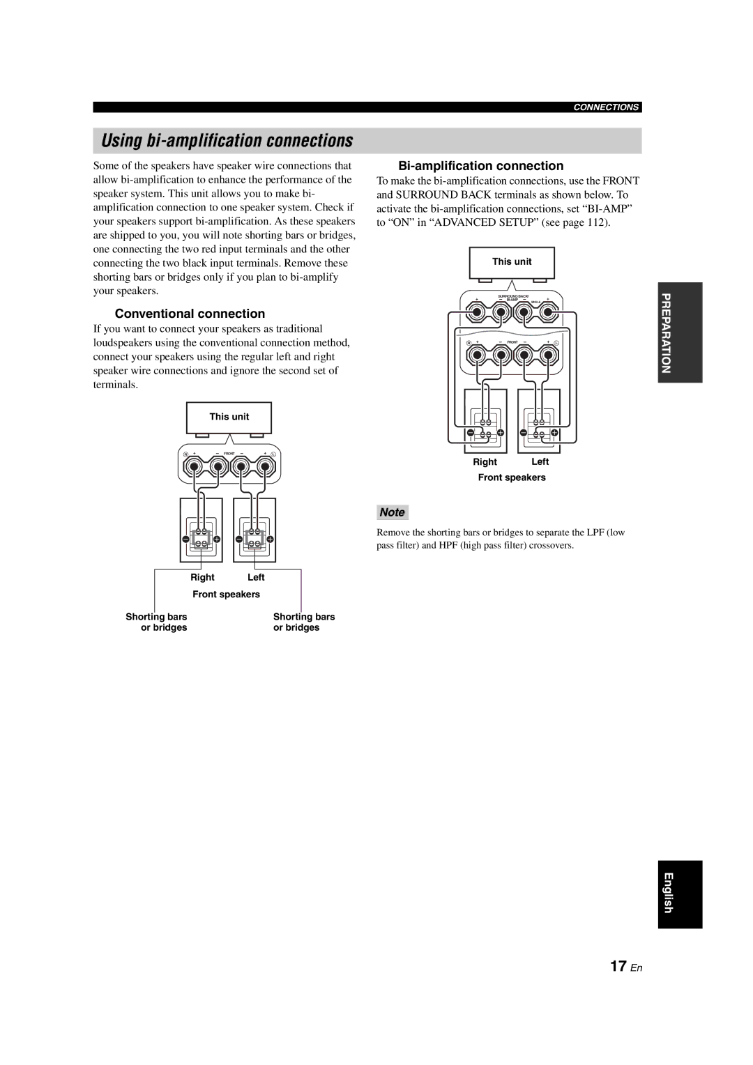 Yamaha RX-V1700 owner manual 17 En, Conventional connection, Bi-amplification connection 