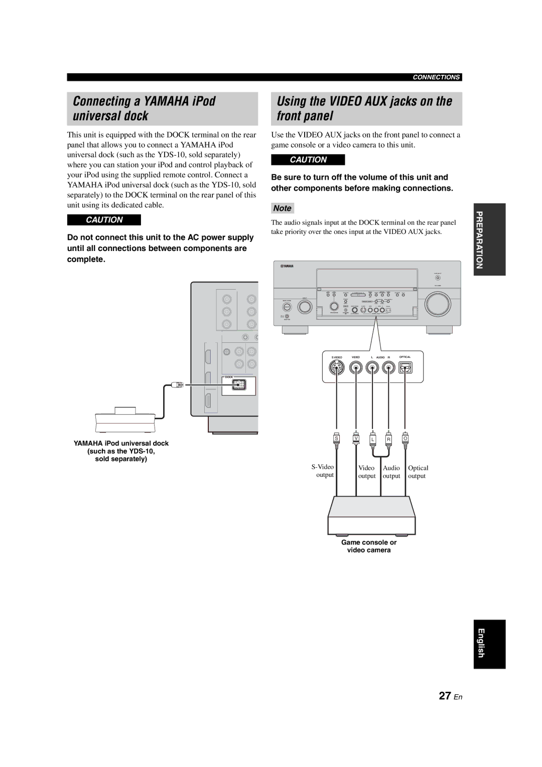 Yamaha RX-V1700 owner manual Using the Video AUX jacks on the front panel, 27 En, Game console or Video camera 