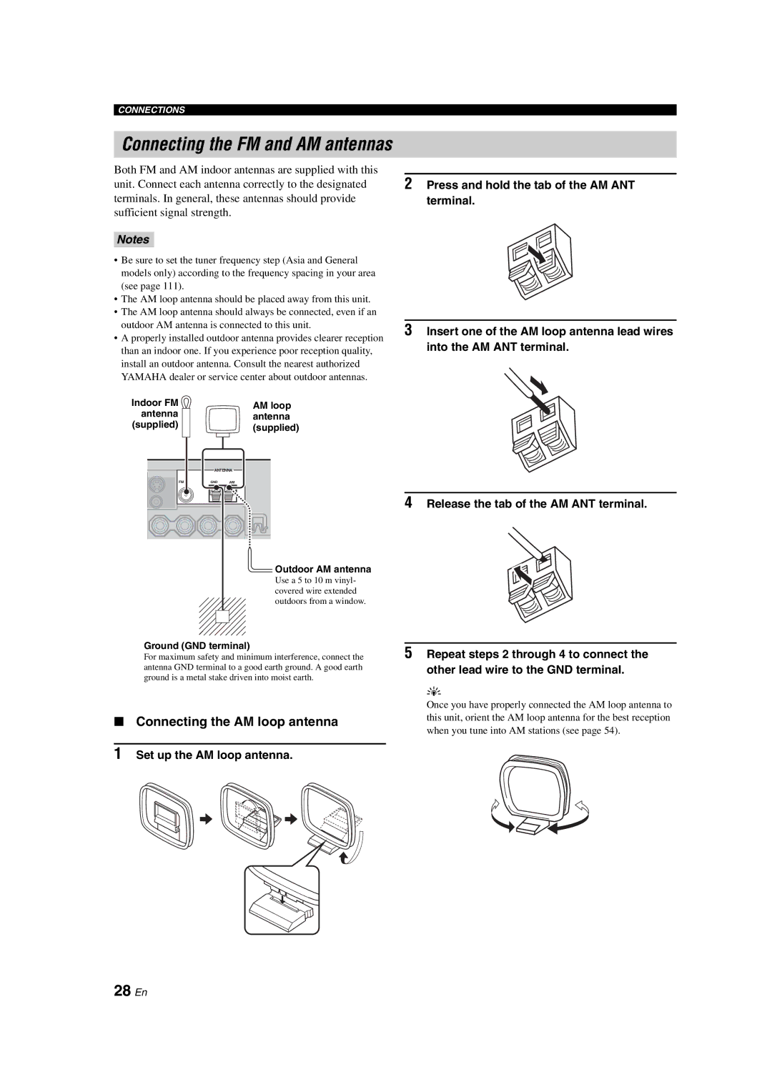 Yamaha RX-V1700 owner manual 28 En, Connecting the AM loop antenna, Indoor FM AM loop Antenna Supplied, Outdoor AM antenna 