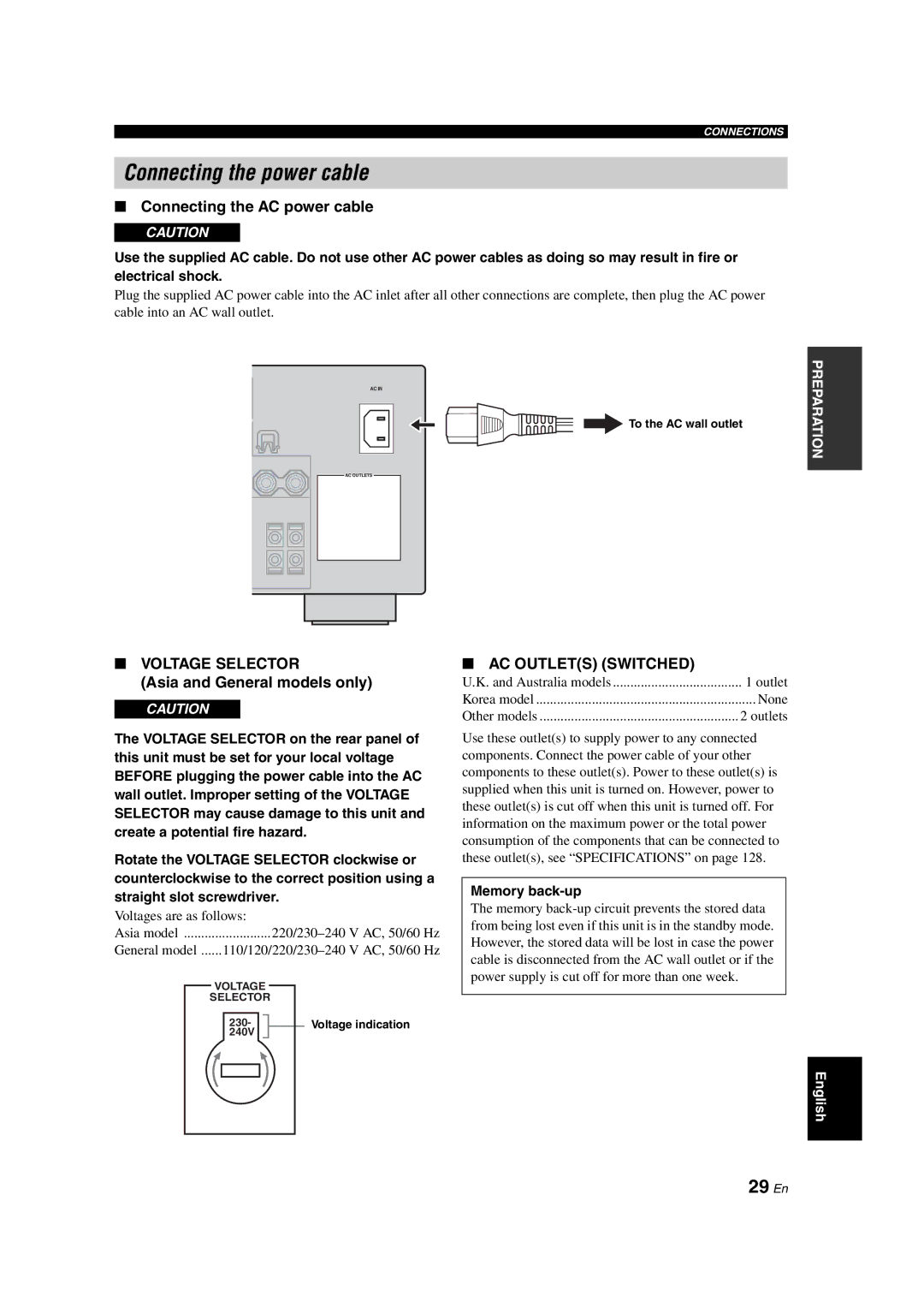 Yamaha RX-V1700 owner manual Connecting the power cable, 29 En, Connecting the AC power cable, Asia and General models only 