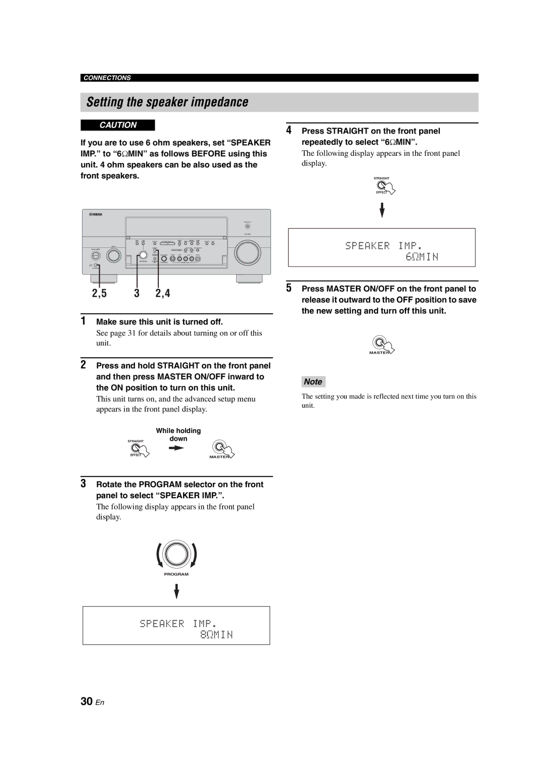 Yamaha RX-V1700 owner manual Setting the speaker impedance, 30 En 