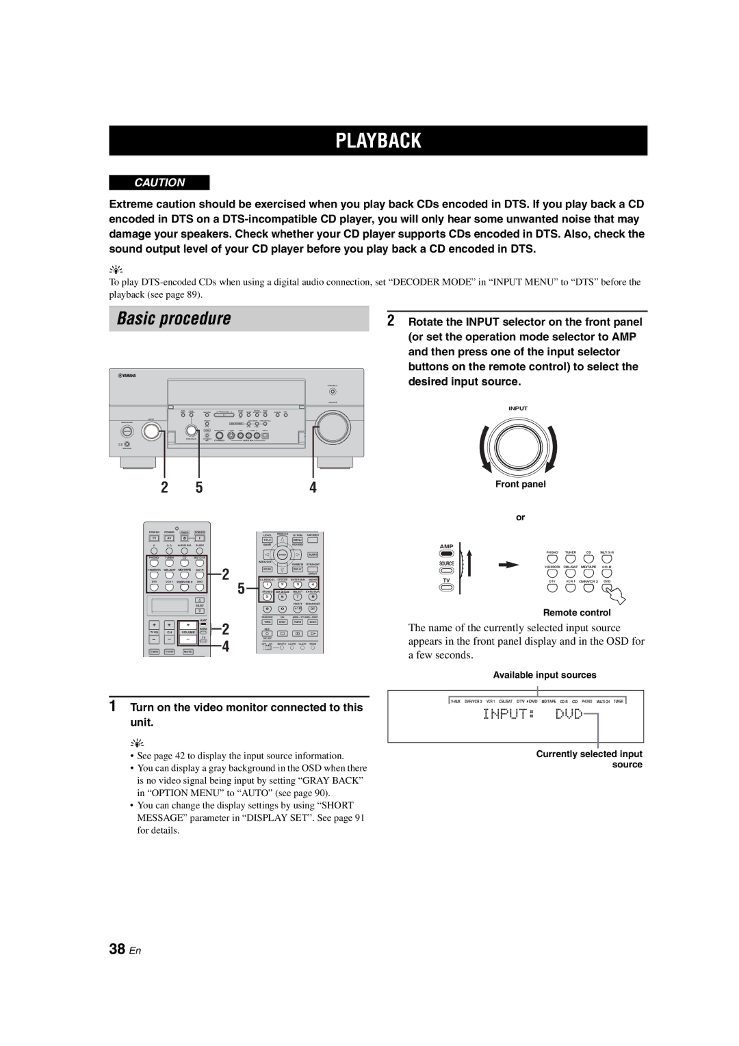 Yamaha RX-V1700 owner manual Playback, Basic procedure, 38 En, Turn on the video monitor connected to this unit 