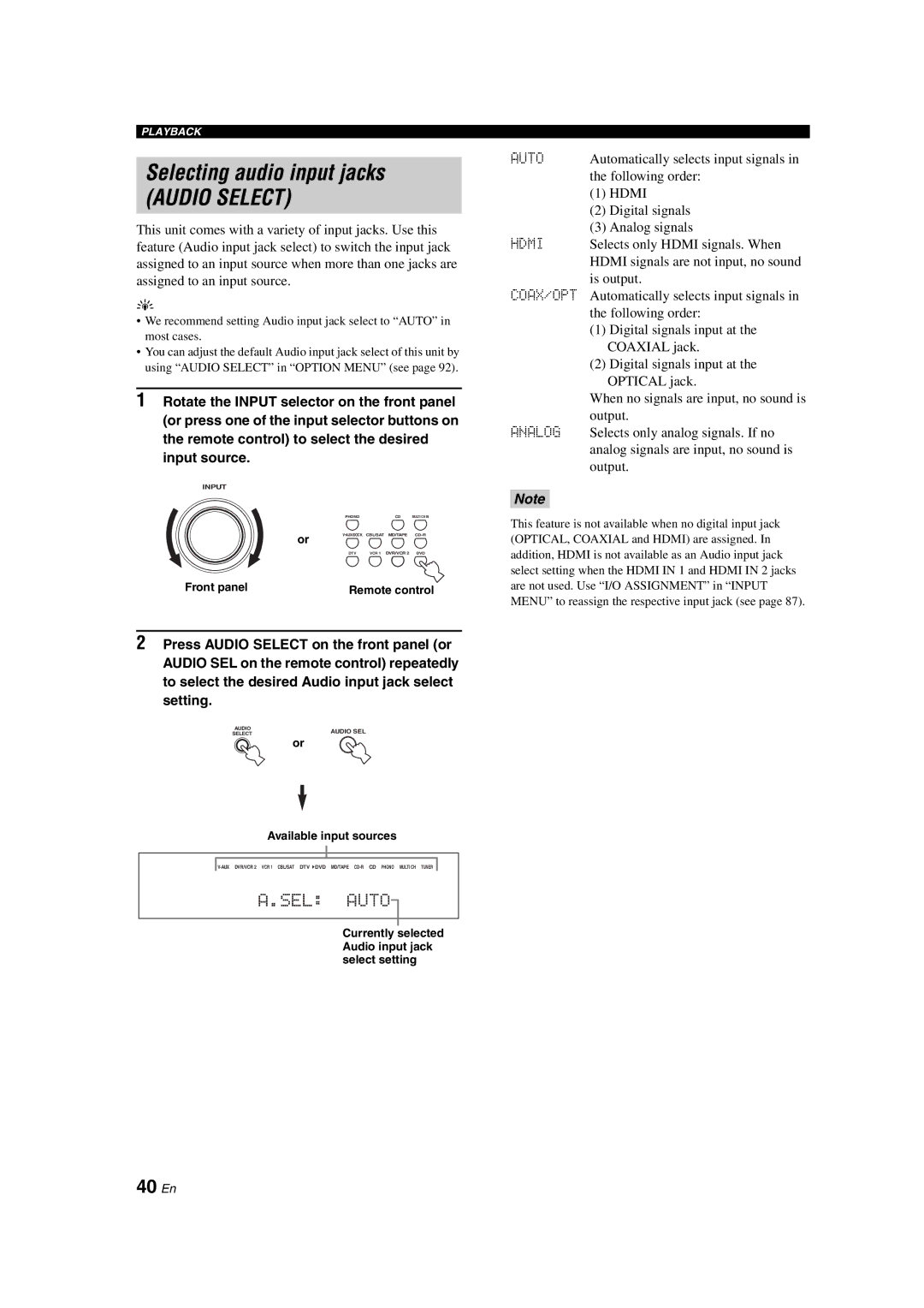 Yamaha RX-V1700 owner manual Selecting audio input jacks, 40 En, Auto 