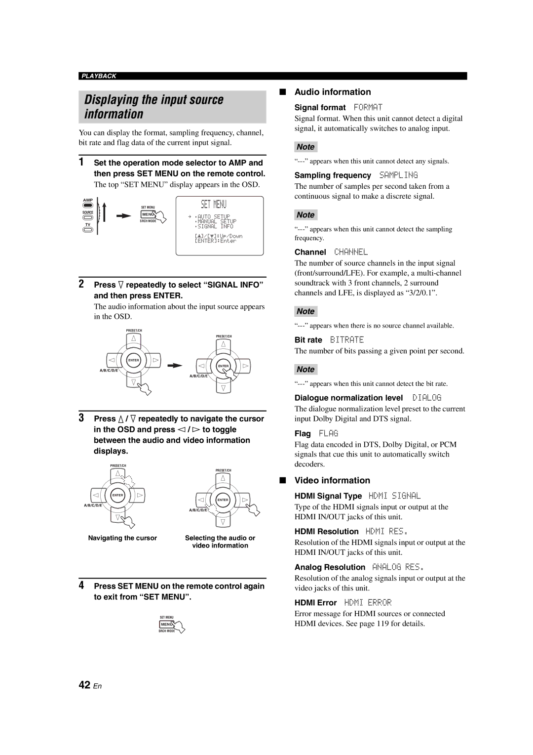 Yamaha RX-V1700 owner manual Displaying the input source, Information, 42 En, Audio information, Video information 