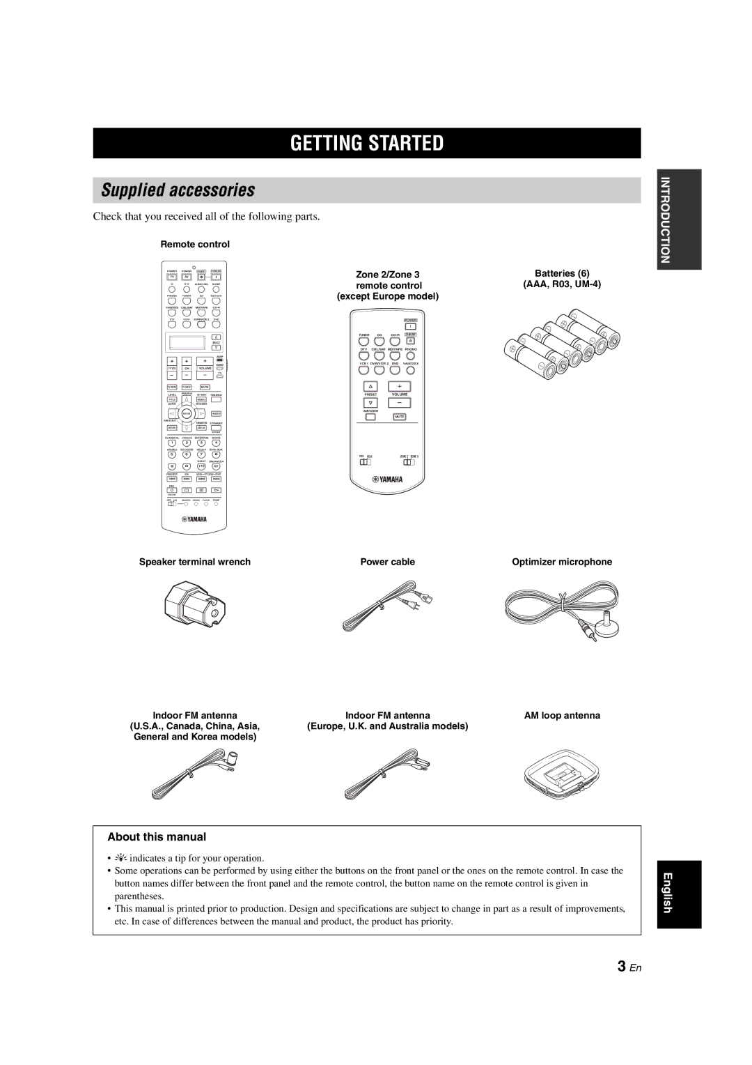 Yamaha RX-V1700 owner manual Getting Started, Supplied accessories, Check that you received all of the following parts 