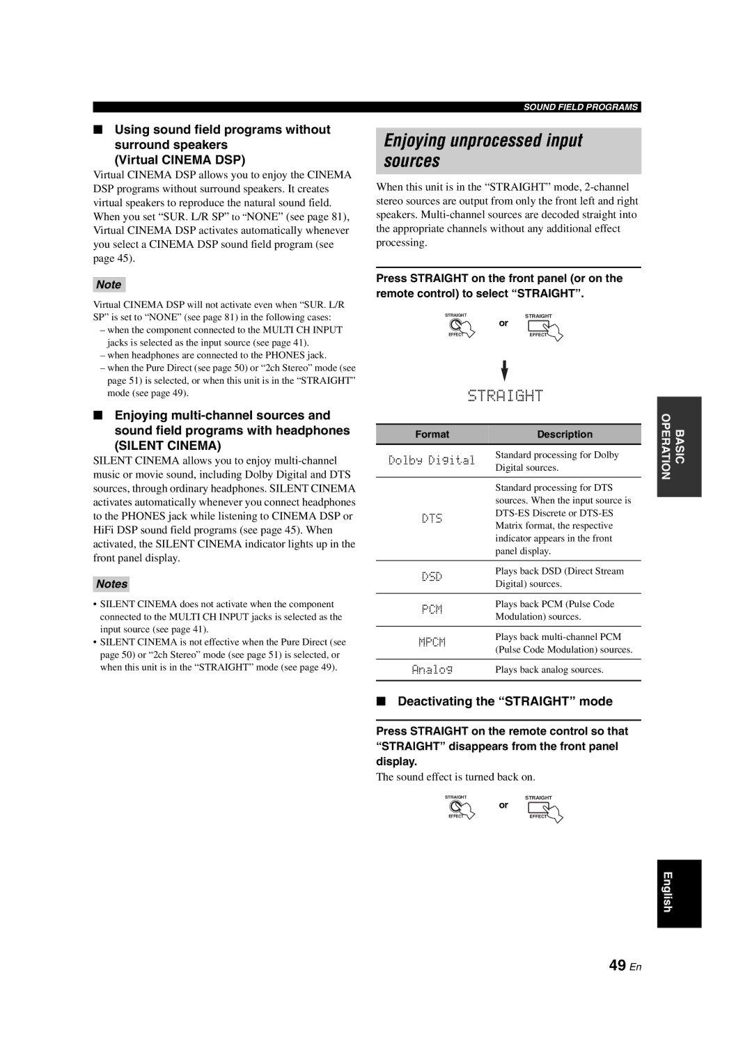 Yamaha RX-V1700 owner manual Enjoying unprocessed input sources, 49 En, Deactivating the Straight mode 