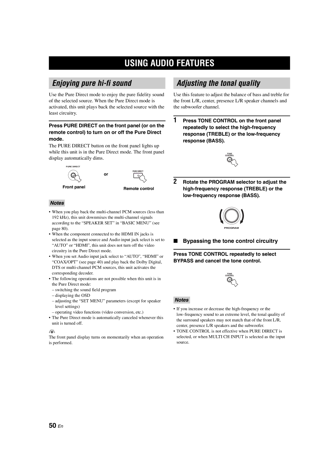 Yamaha RX-V1700 owner manual Using Audio Features, Enjoying pure hi-fi sound Adjusting the tonal quality, 50 En 