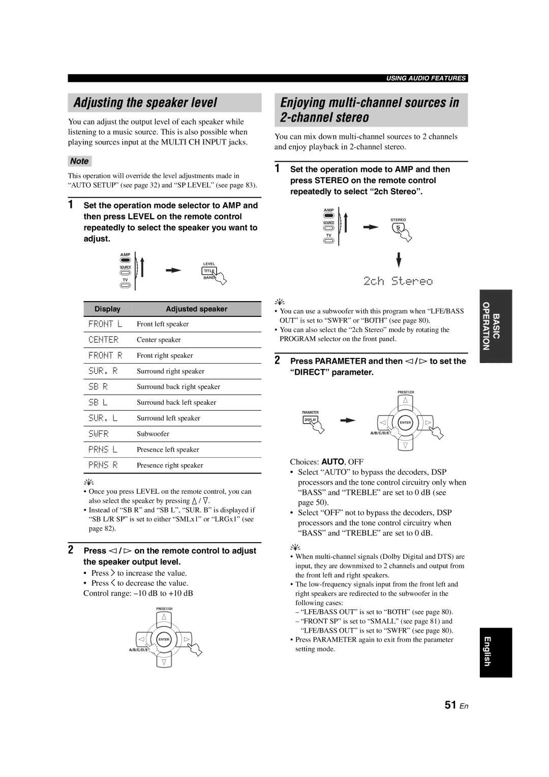 Yamaha RX-V1700 owner manual Adjusting the speaker level, Enjoying multi-channel sources in 2-channel stereo, 51 En 