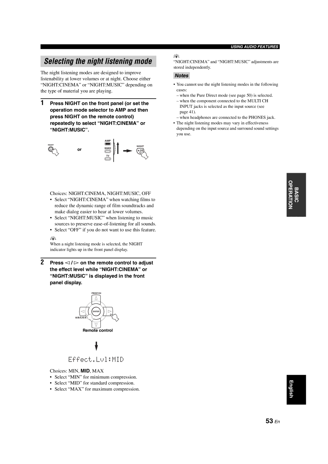 Yamaha RX-V1700 owner manual Selecting the night listening mode, 53 En 