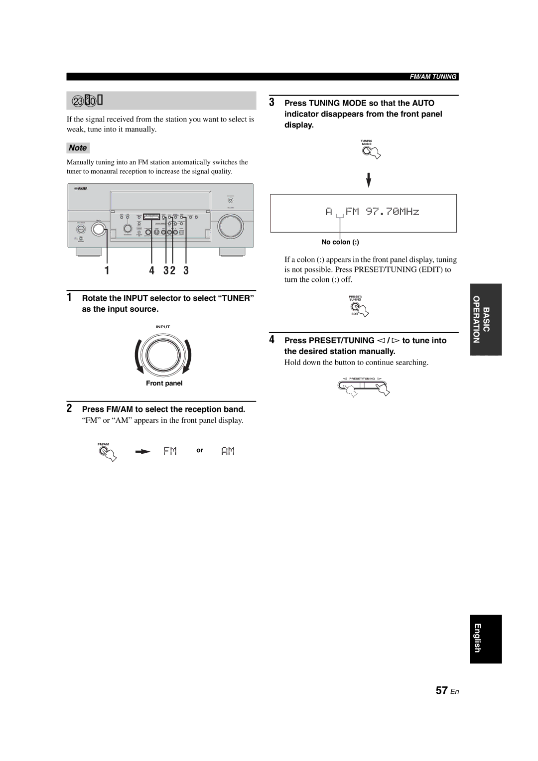 Yamaha RX-V1700 owner manual Manual tuning, 57 En 