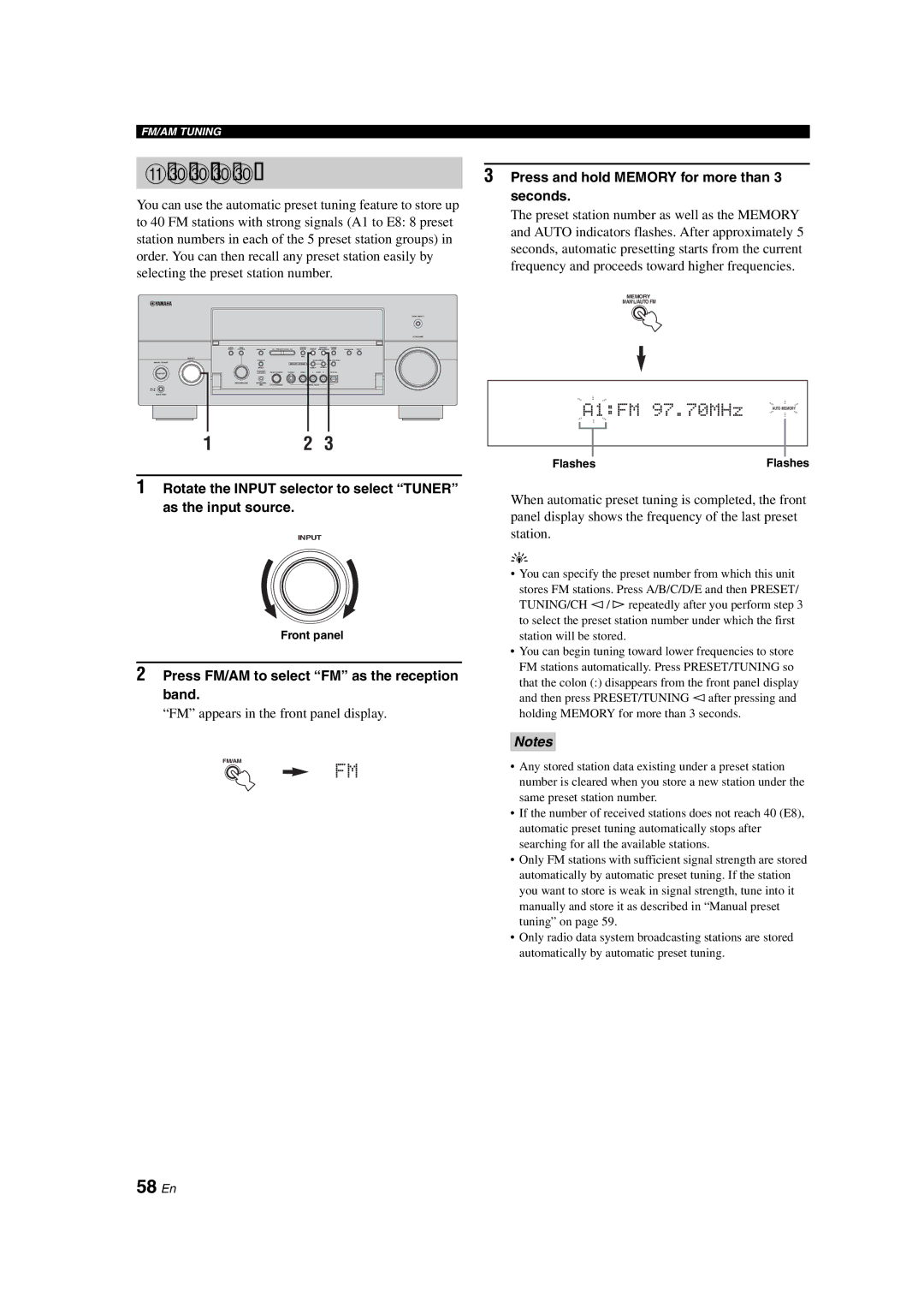 Yamaha RX-V1700 owner manual Automatic preset tuning, 58 En, Press and hold Memory for more than, Seconds 