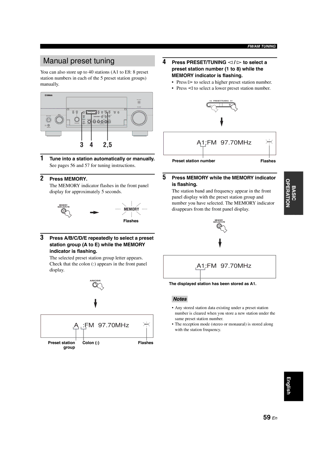 Yamaha RX-V1700 owner manual Manual preset tuning, 2,5, 59 En 