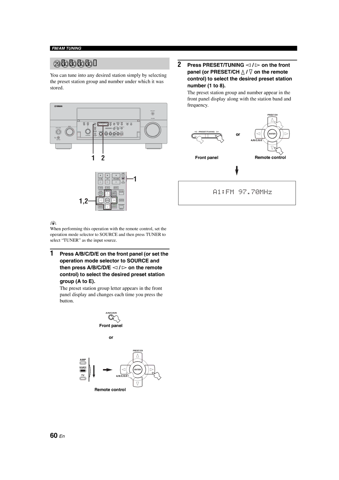 Yamaha RX-V1700 owner manual Selecting preset stations, 60 En 