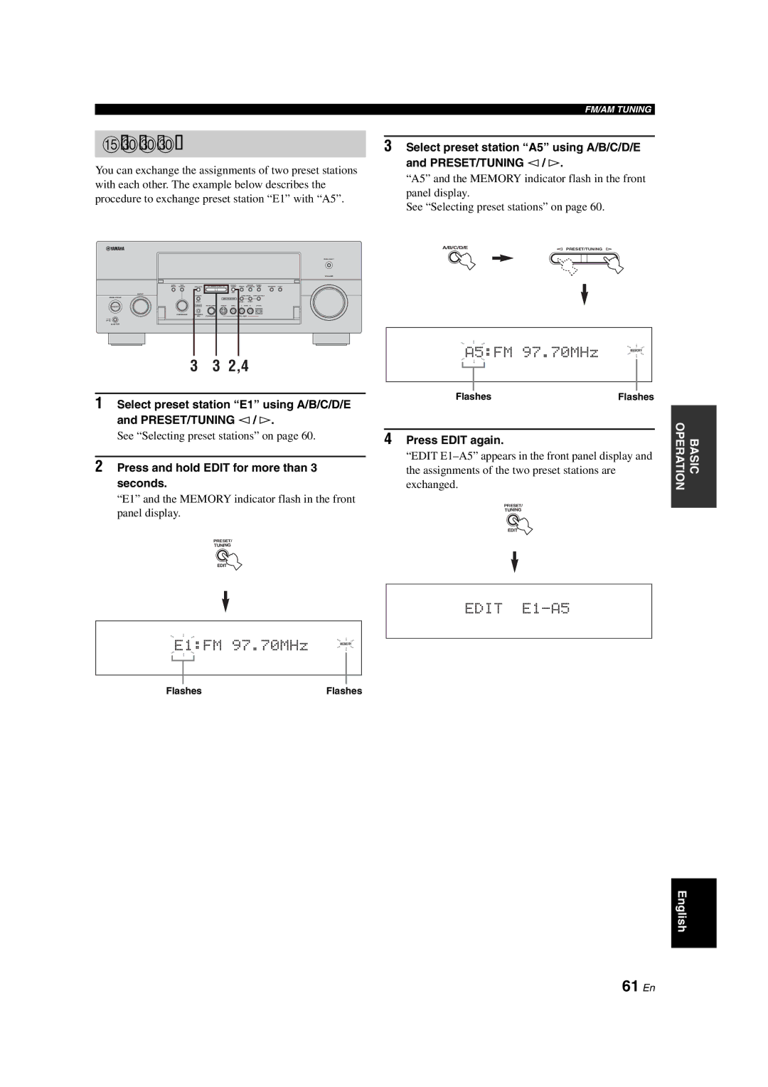 Yamaha RX-V1700 owner manual Exchanging preset stations, 2,4, 61 En 