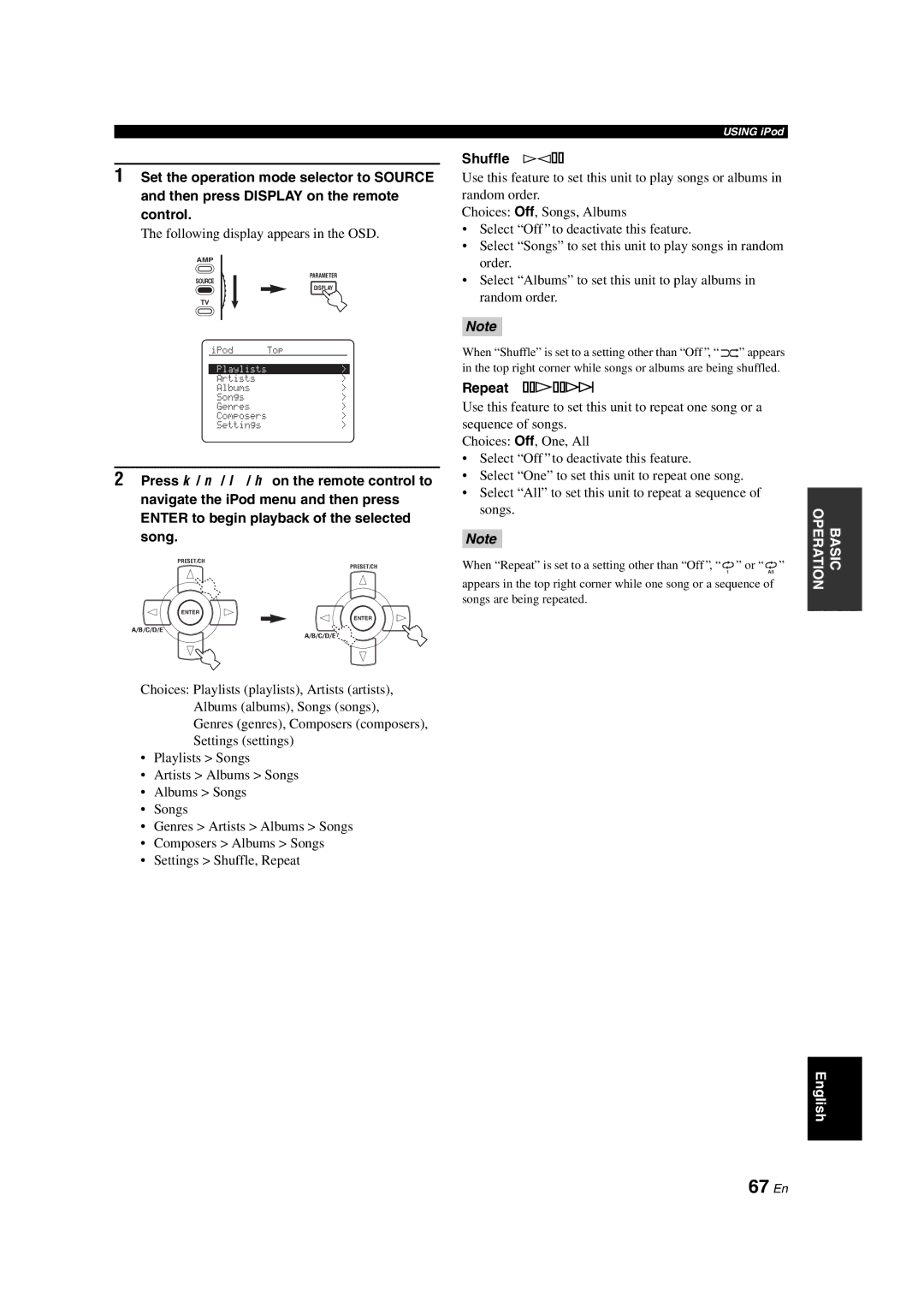 Yamaha RX-V1700 owner manual 67 En, Following display appears in the OSD, Shuffle Shuffle, Repeat Repeat 