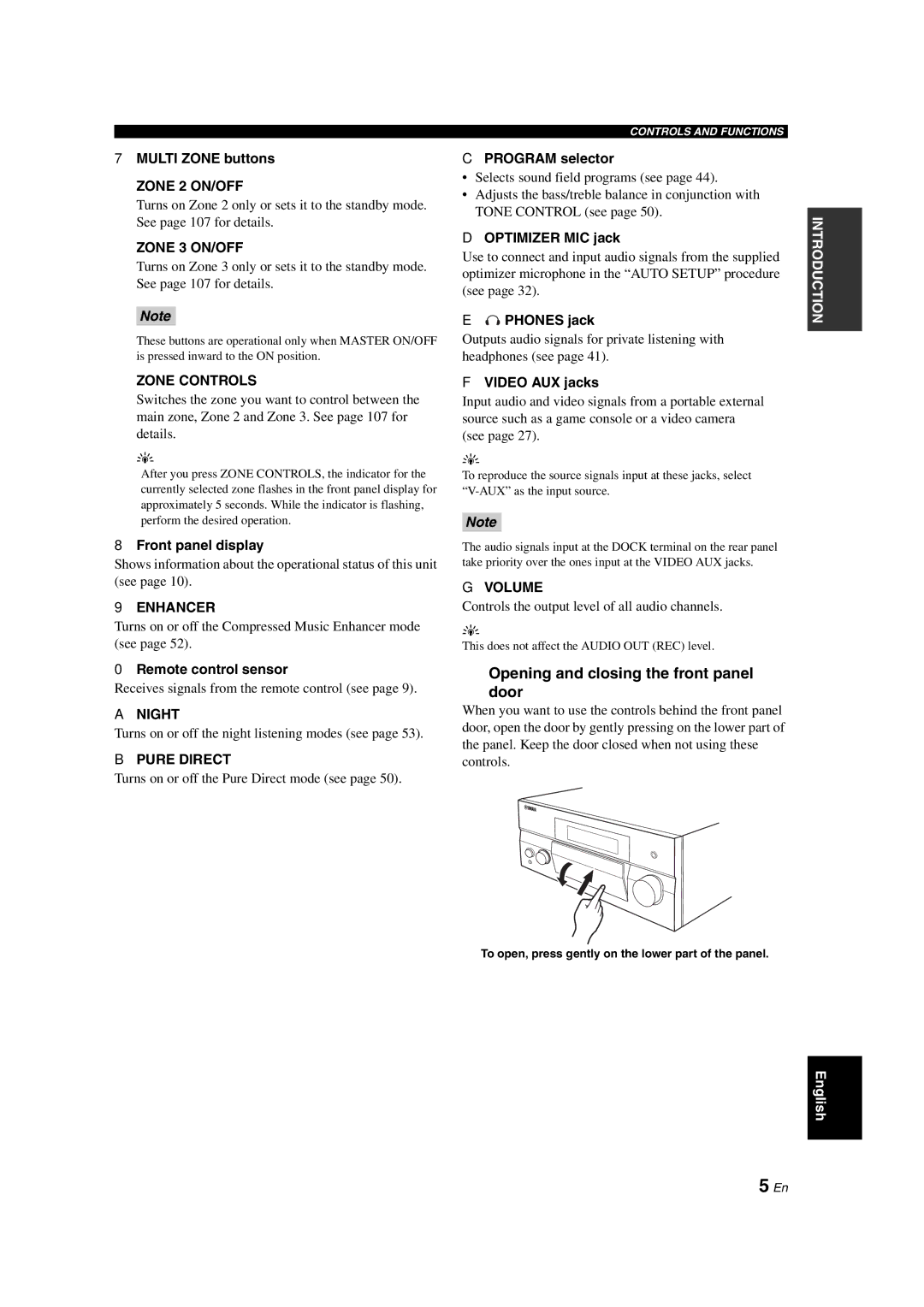 Yamaha RX-V1700 owner manual Opening and closing the front panel Door 