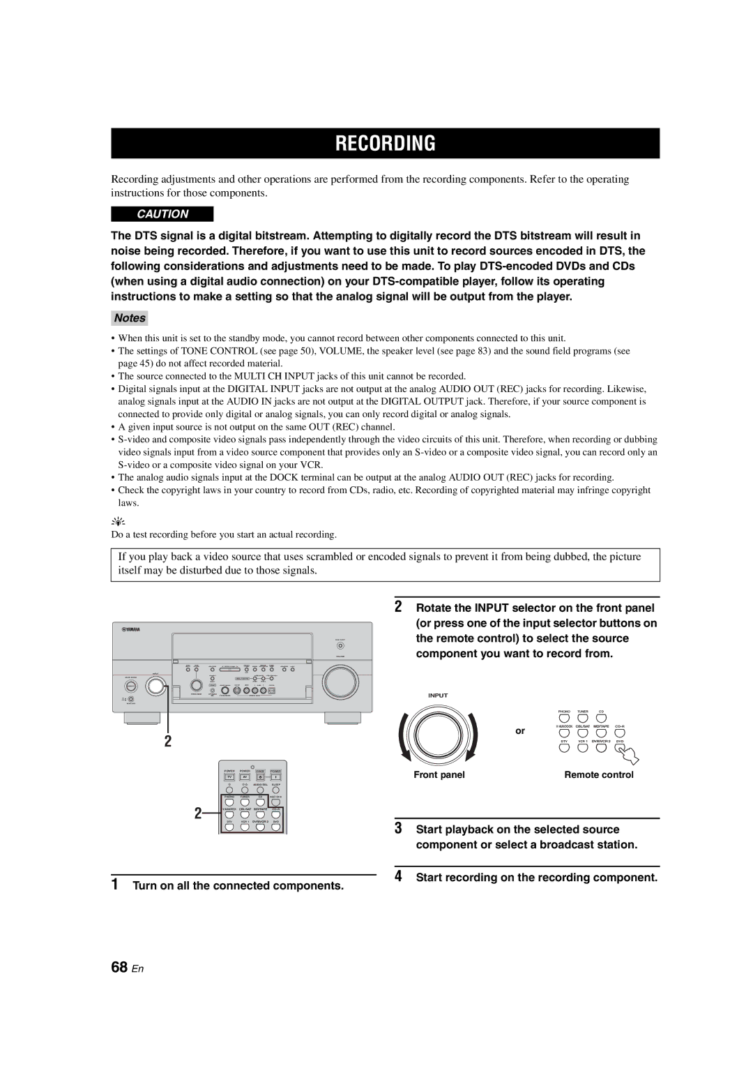 Yamaha RX-V1700 owner manual Recording, 68 En 