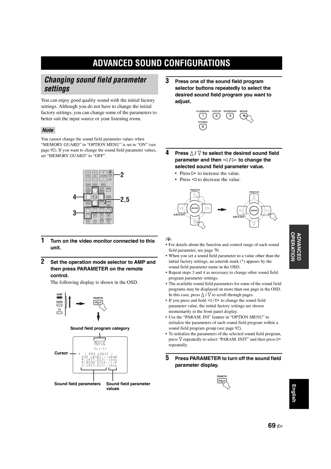 Yamaha RX-V1700 owner manual Advanced Sound Configurations, Changing sound field parameter settings, 69 En 