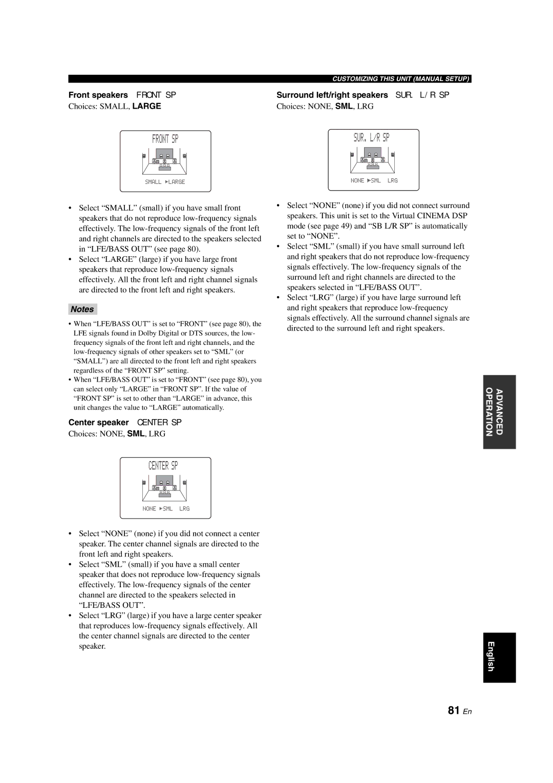 Yamaha RX-V1700 owner manual 81 En, Center speaker Center SP, Speaker 
