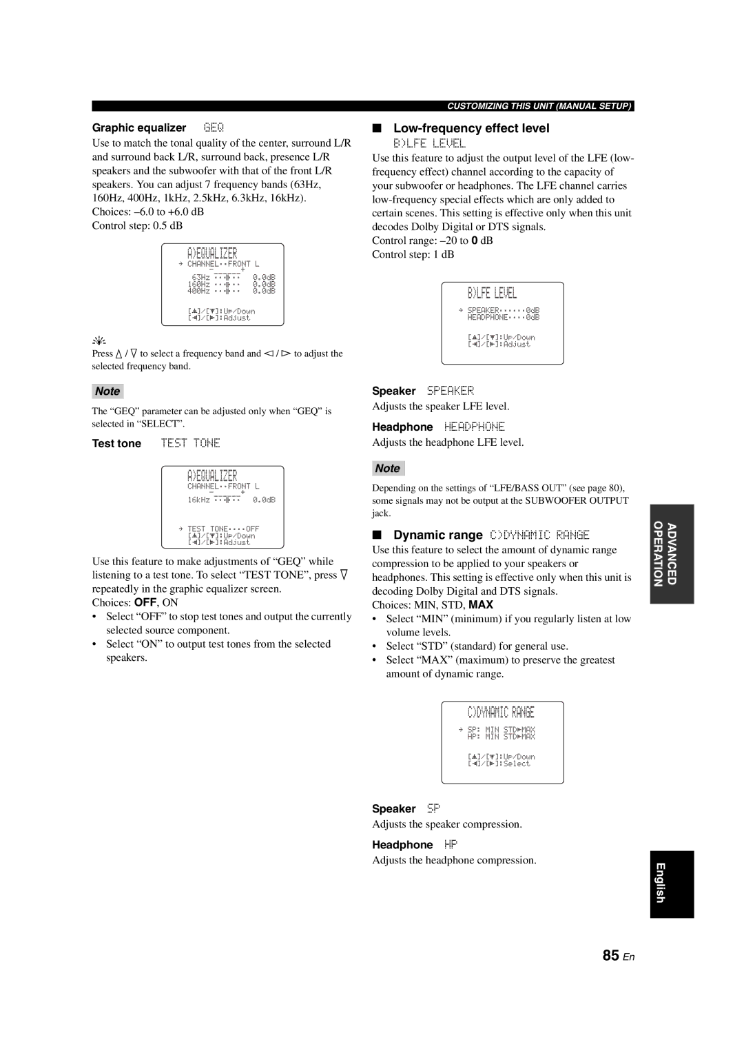 Yamaha RX-V1700 owner manual Cdynamic Range, 85 En, Low-frequency effect level 