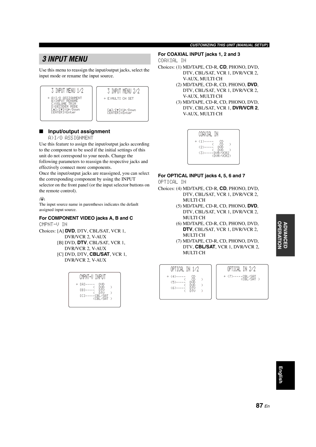 Yamaha RX-V1700 owner manual CMPNT-V Input, Coaxial, 87 En, Input/output assignment 