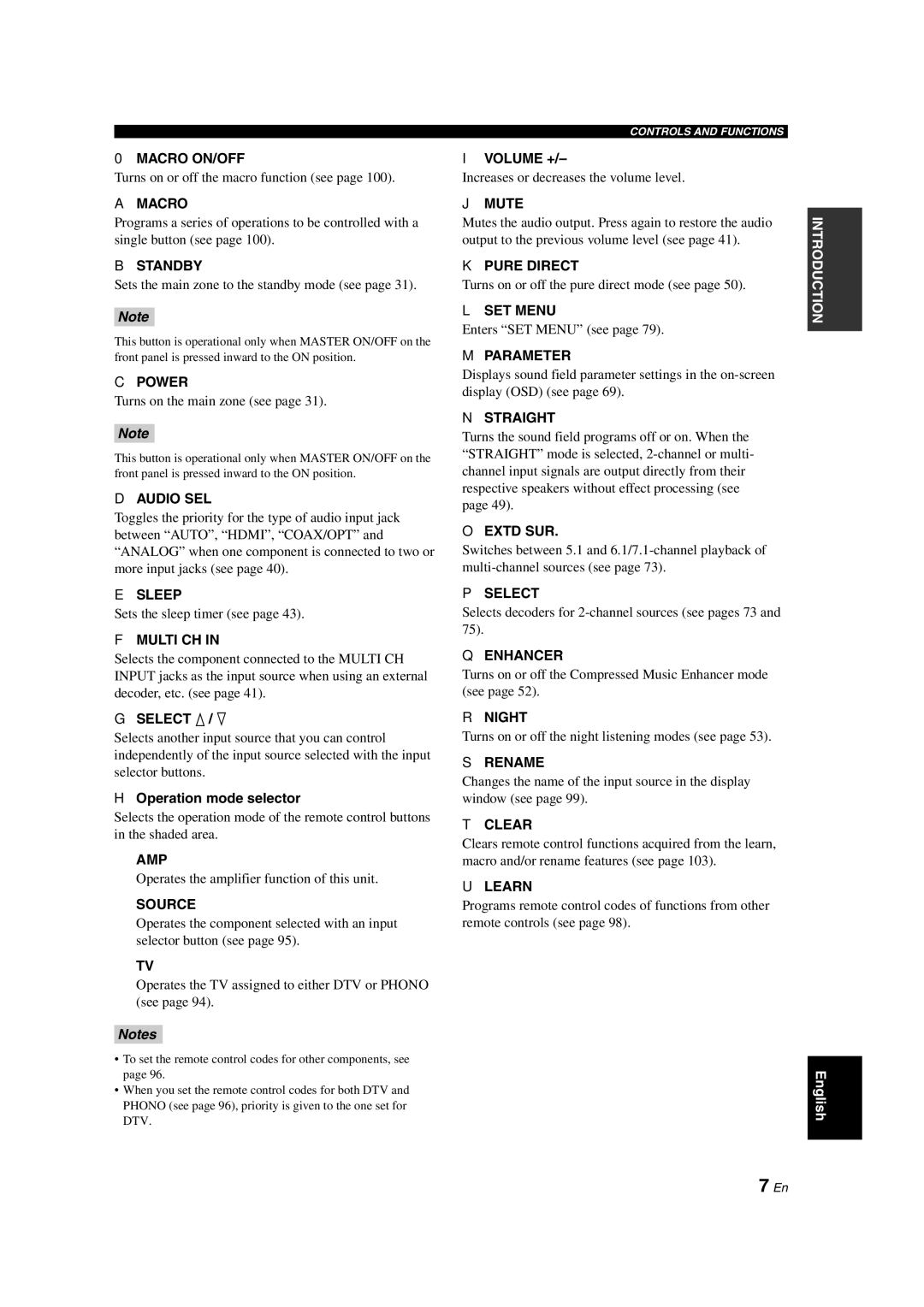 Yamaha RX-V1700 Macro ON/OFF, Standby, Power, Audio SEL, Sleep, Multi CH, Amp, Source, Volume +, Mute, SET Menu, Parameter 