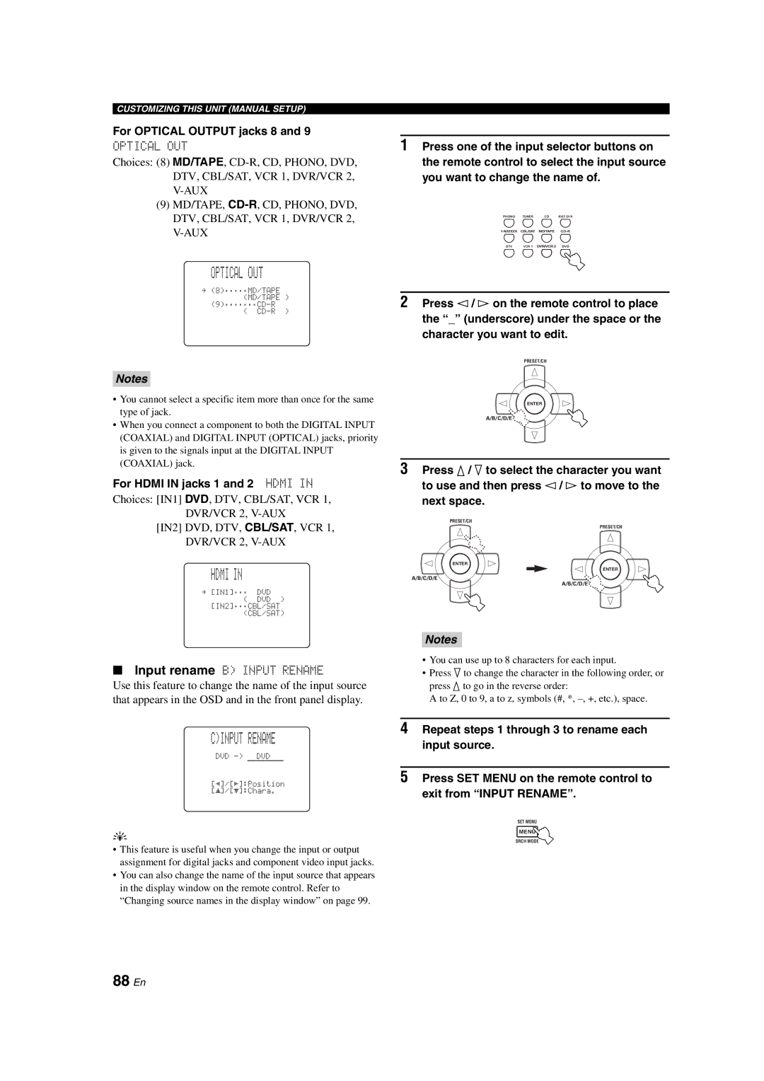 Yamaha RX-V1700 owner manual Optical OUT, Hdmi, Cinput Rename, 88 En 