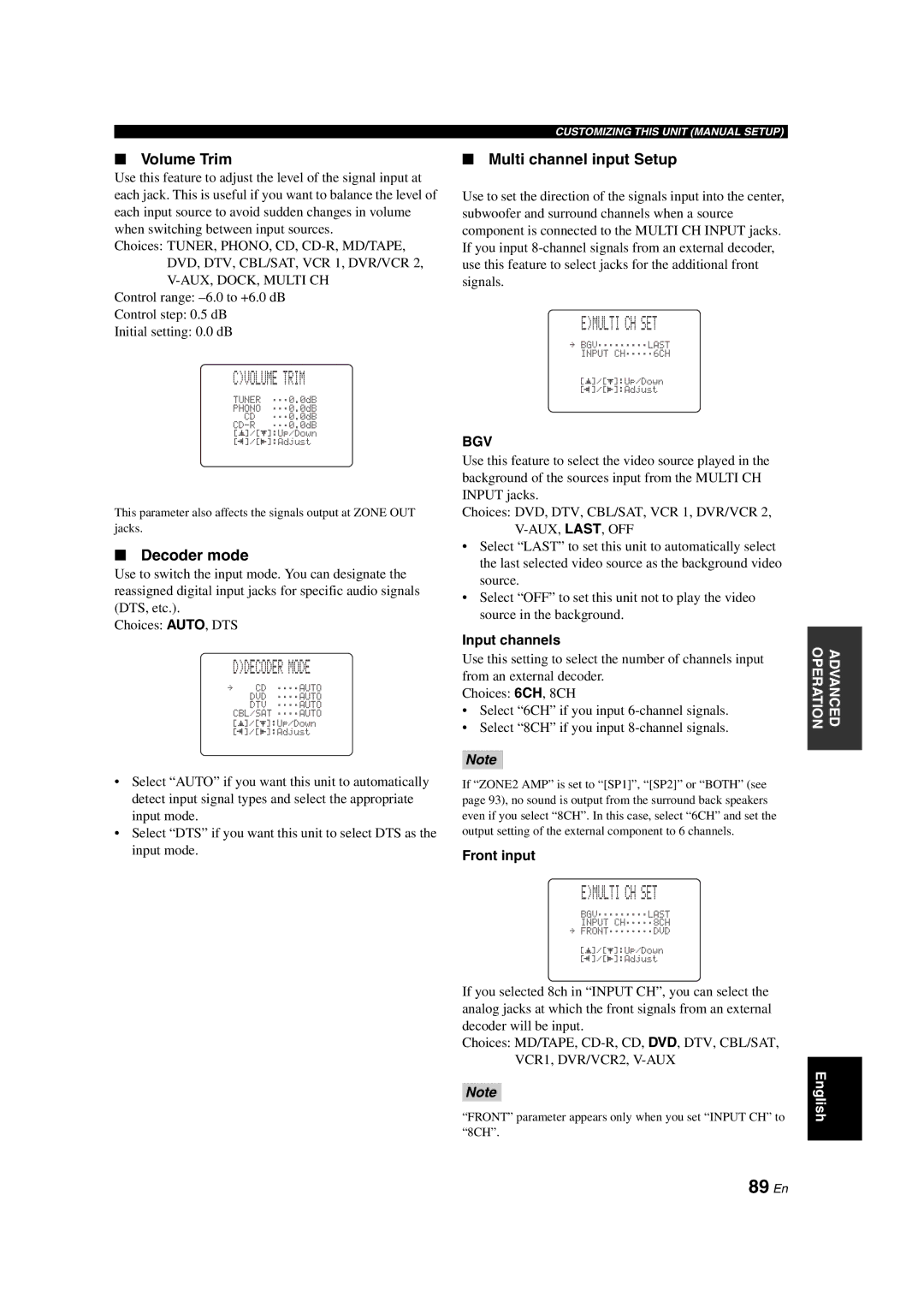 Yamaha RX-V1700 owner manual Cvolume Trim, Ddecoder Mode, Emulti CH SET, 89 En, Multi channel input Setup 