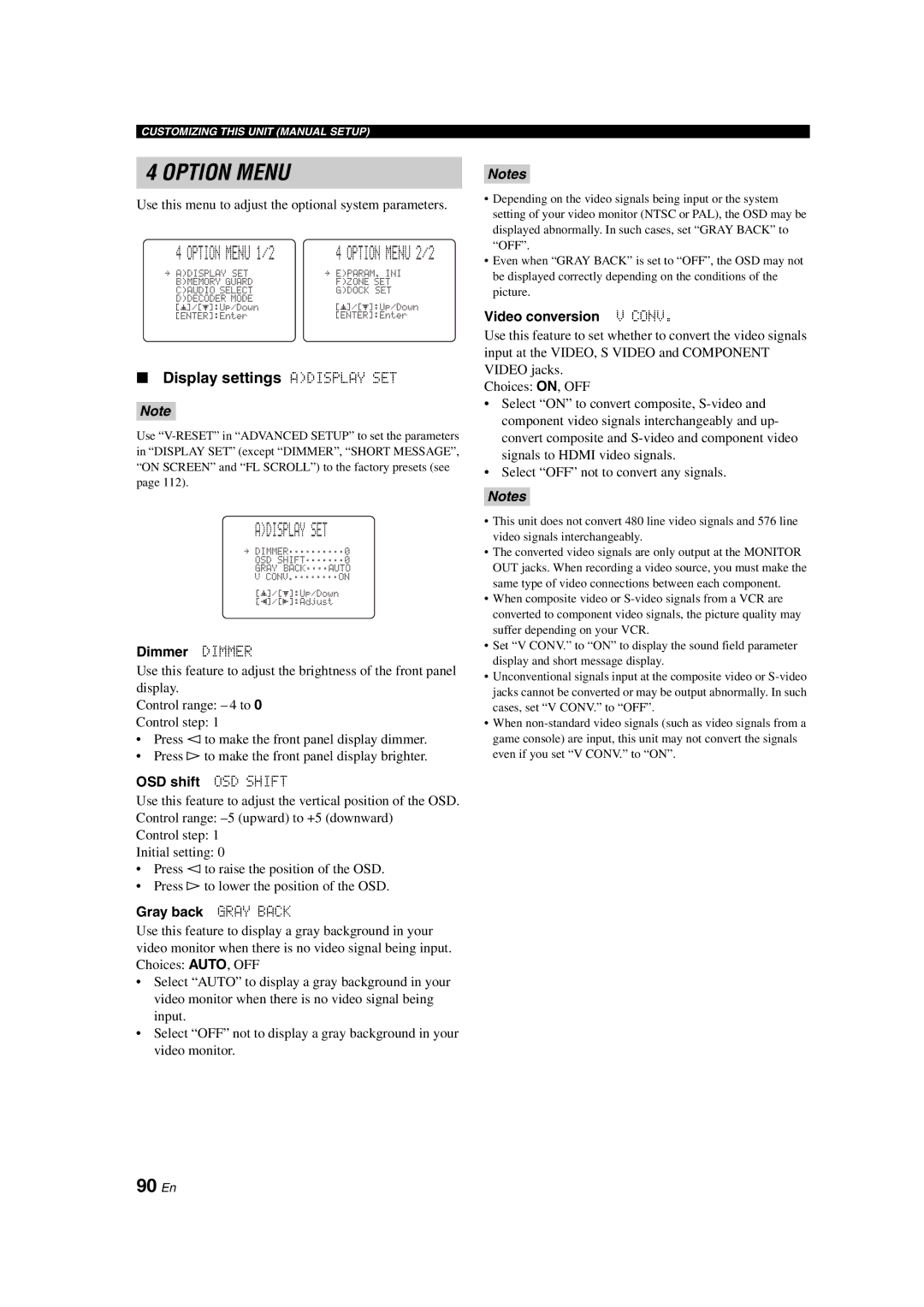 Yamaha RX-V1700 owner manual 90 En, Display settings Adisplay SET 