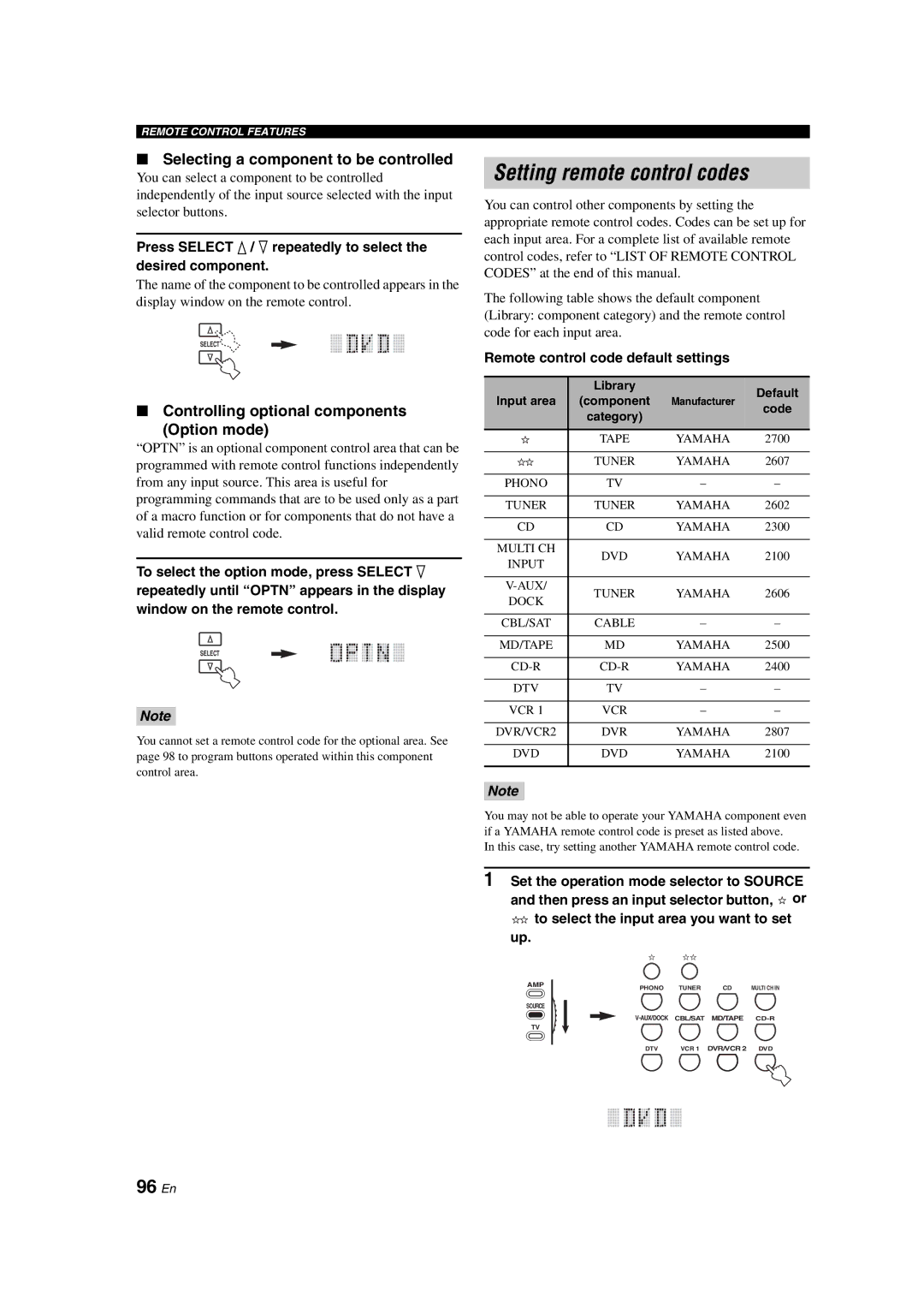 Yamaha RX-V1700 owner manual Setting remote control codes, 96 En, Selecting a component to be controlled 