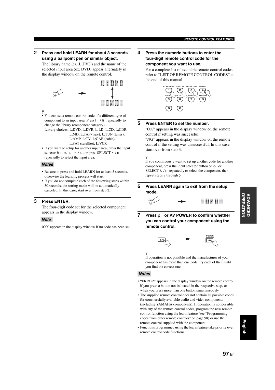 Yamaha RX-V1700 owner manual 97 En, Press Enter to set the number, Press Learn again to exit from the setup mode, OrAV 