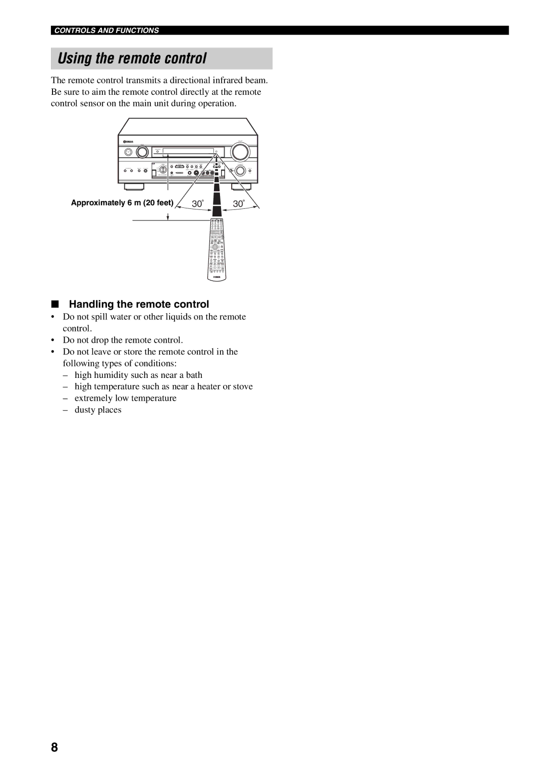 Yamaha RX-V2500 owner manual Using the remote control, Handling the remote control, Approximately 6 m 20 feet 