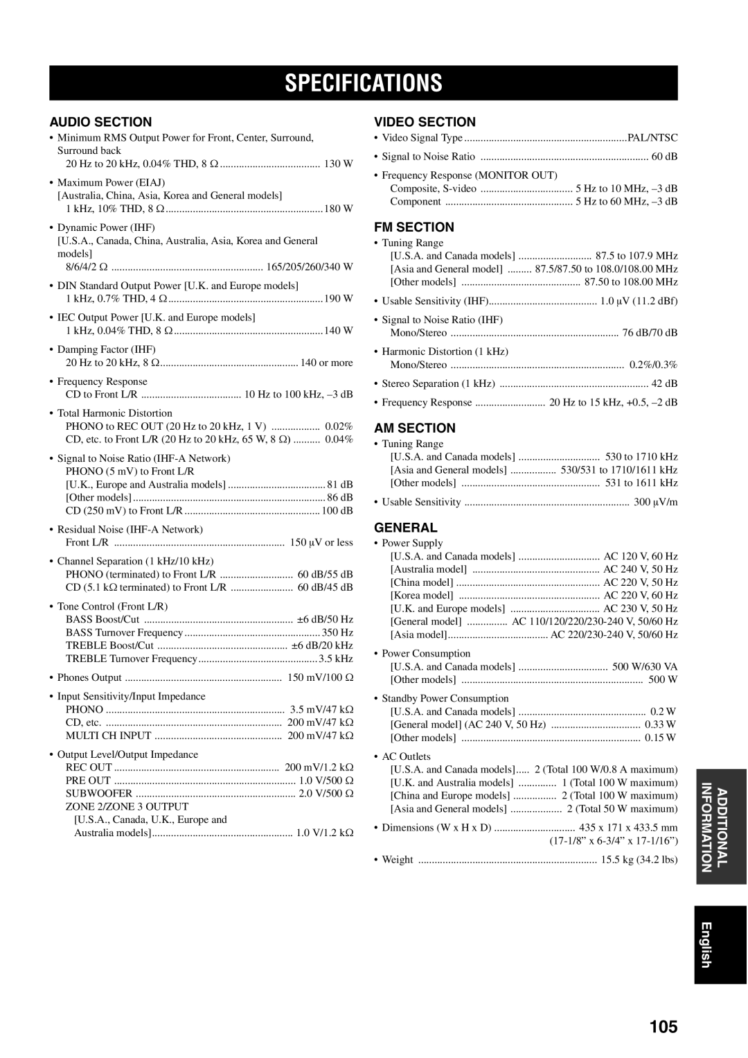 Yamaha RX-V2500 owner manual Specifications 