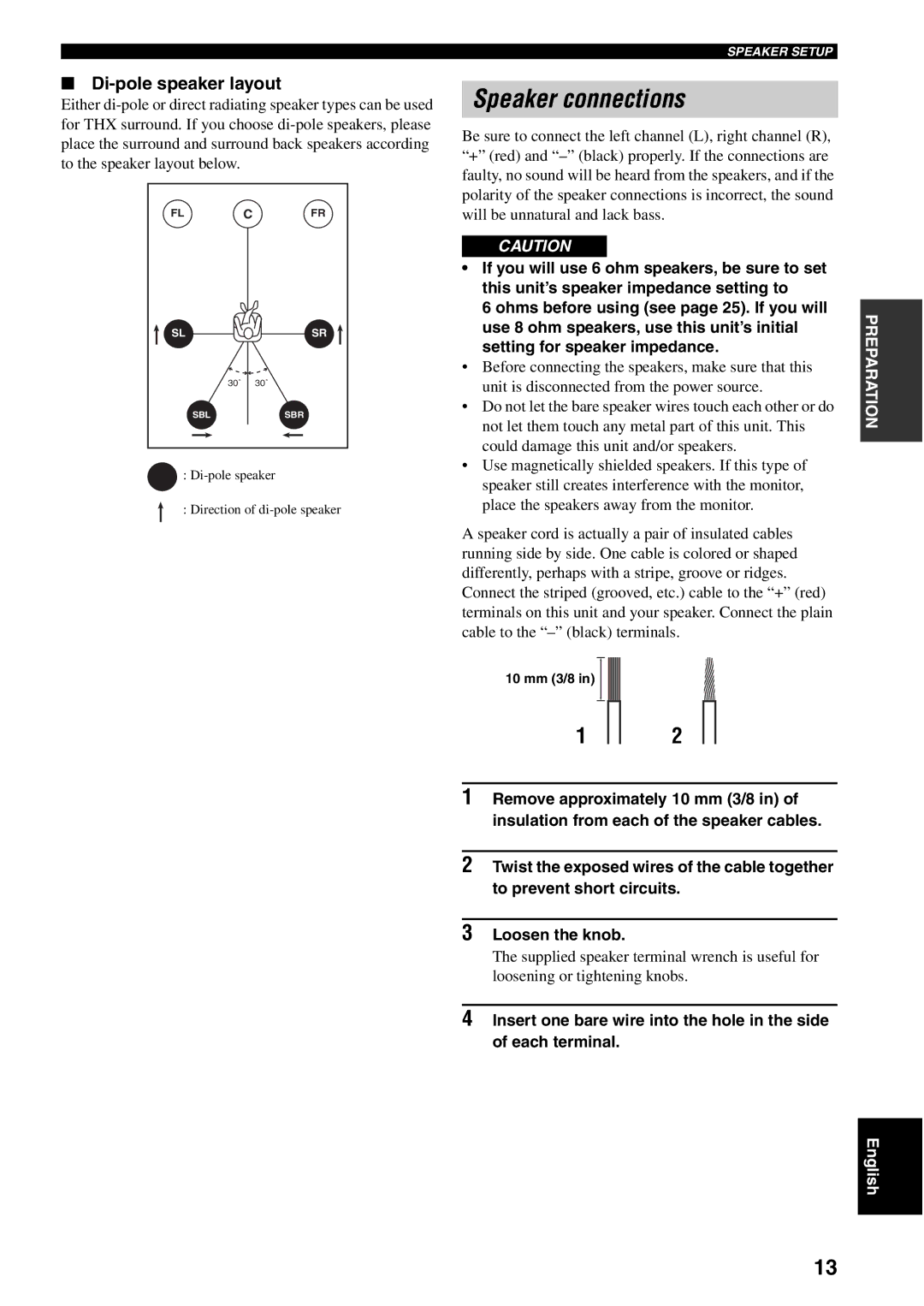 Yamaha RX-V2500 owner manual Speaker connections, Di-pole speaker layout, 10 mm 3/8 