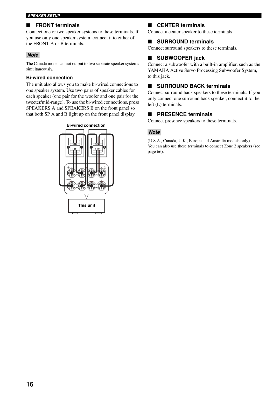 Yamaha RX-V2500 owner manual Front terminals, Center terminals, Surround terminals, Subwoofer jack, Surround Back terminals 