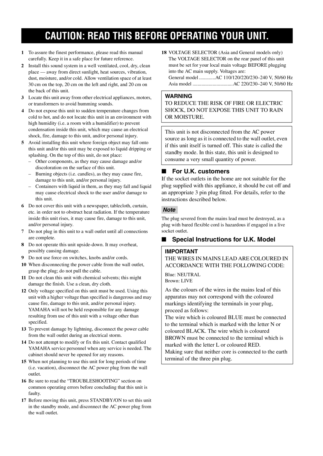 Yamaha RX-V2500 owner manual For U.K. customers, Special Instructions for U.K. Model 