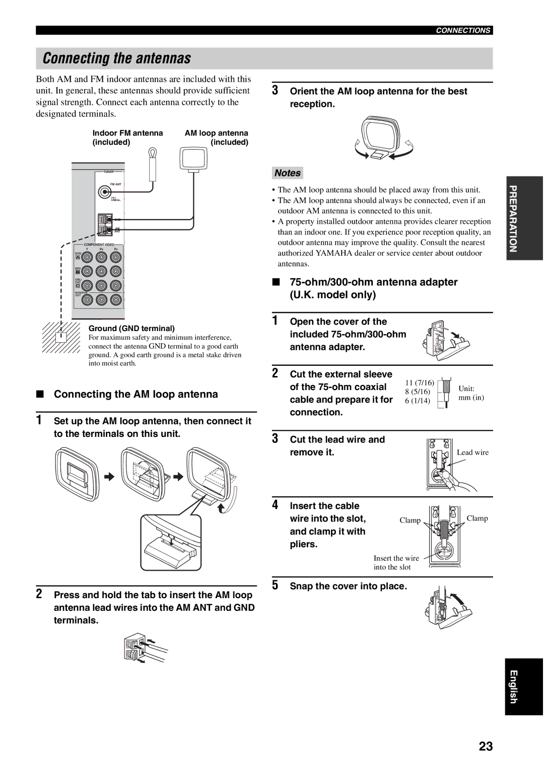 Yamaha RX-V2500 Connecting the antennas, Connecting the AM loop antenna, 75-ohm/300-ohm antenna adapter U.K. model only 