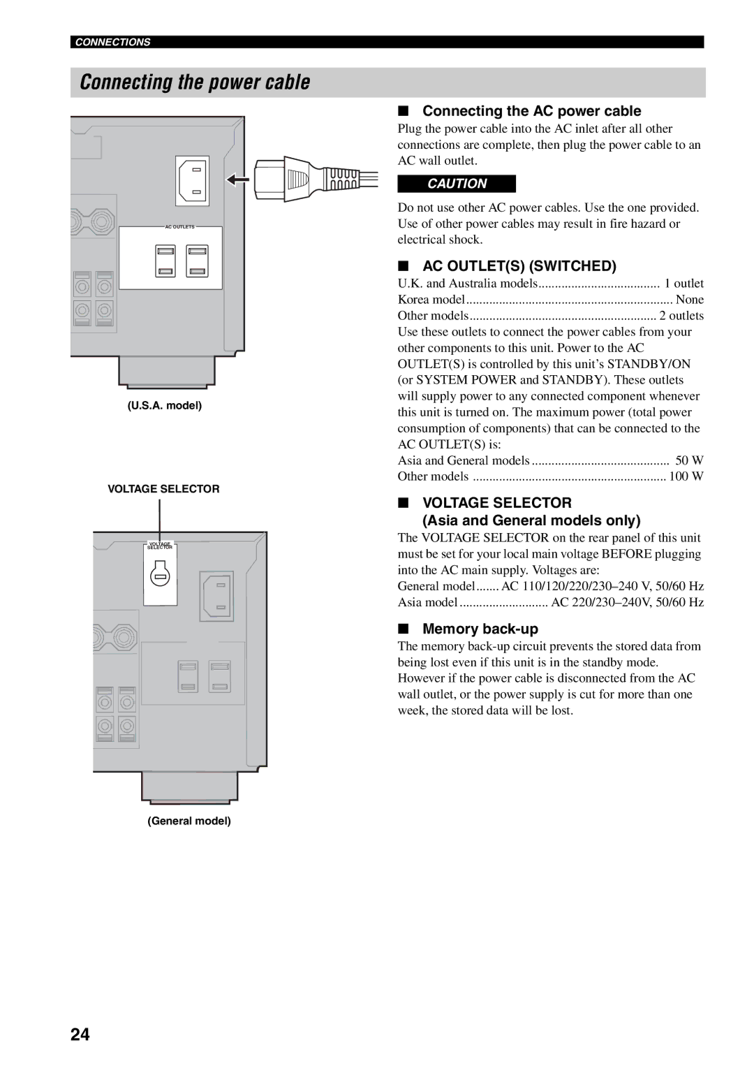 Yamaha RX-V2500 Connecting the power cable, Connecting the AC power cable, Asia and General models only, Memory back-up 