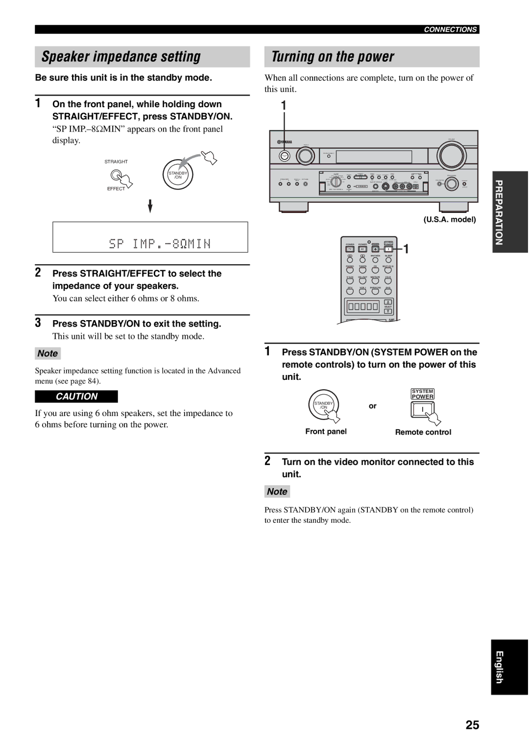 Yamaha RX-V2500 owner manual Speaker impedance setting, Turning on the power, Press STANDBY/ON to exit the setting 