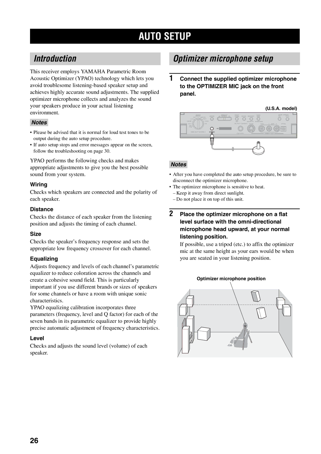 Yamaha RX-V2500 owner manual Auto Setup, Introduction, Optimizer microphone setup 