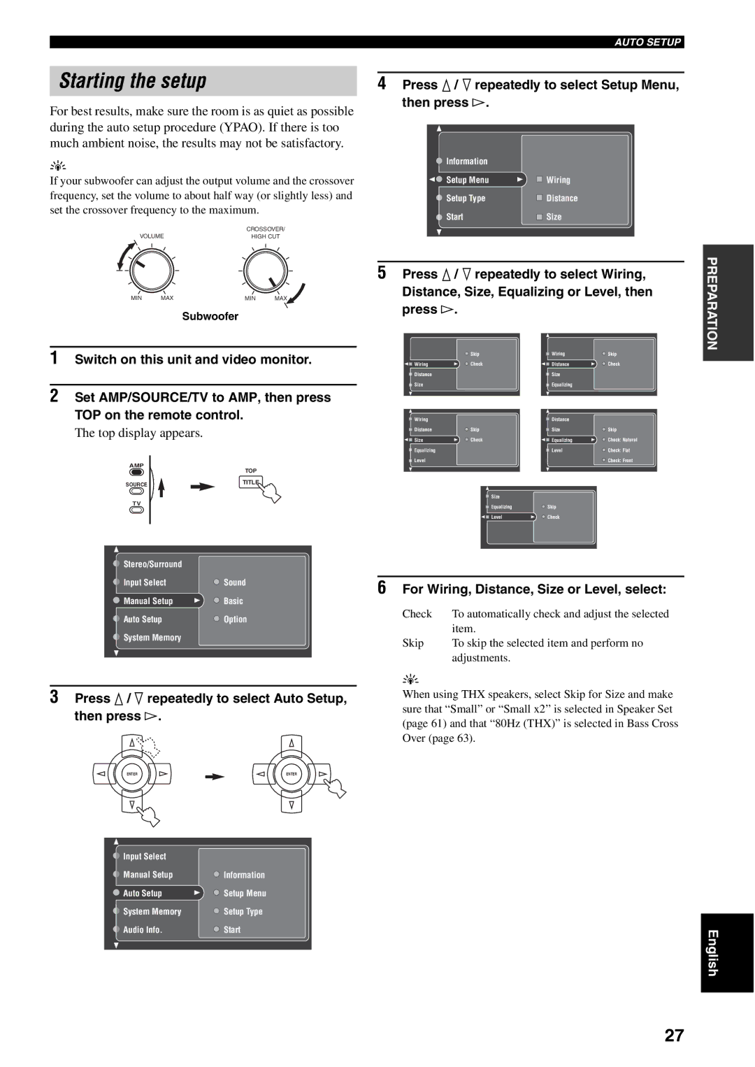 Yamaha RX-V2500 owner manual Top display appears, Press k / n repeatedly to select Auto Setup, then press h, Subwoofer 