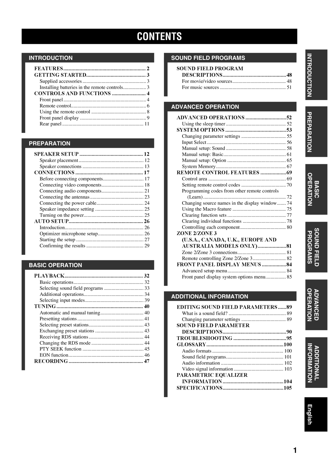 Yamaha RX-V2500 owner manual Contents 