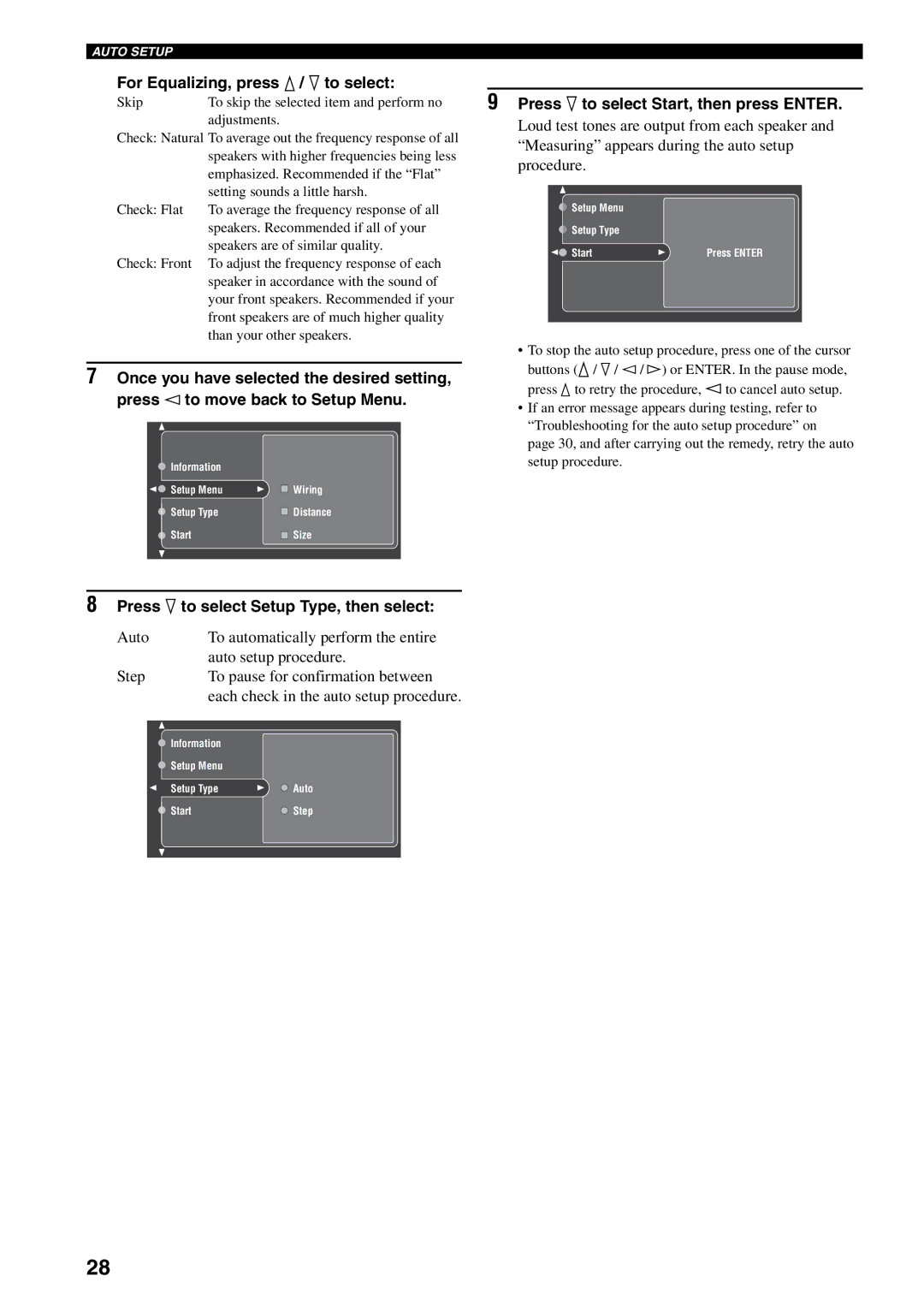 Yamaha RX-V2500 owner manual For Equalizing, press k / n to select, Press n to select Start, then press Enter 