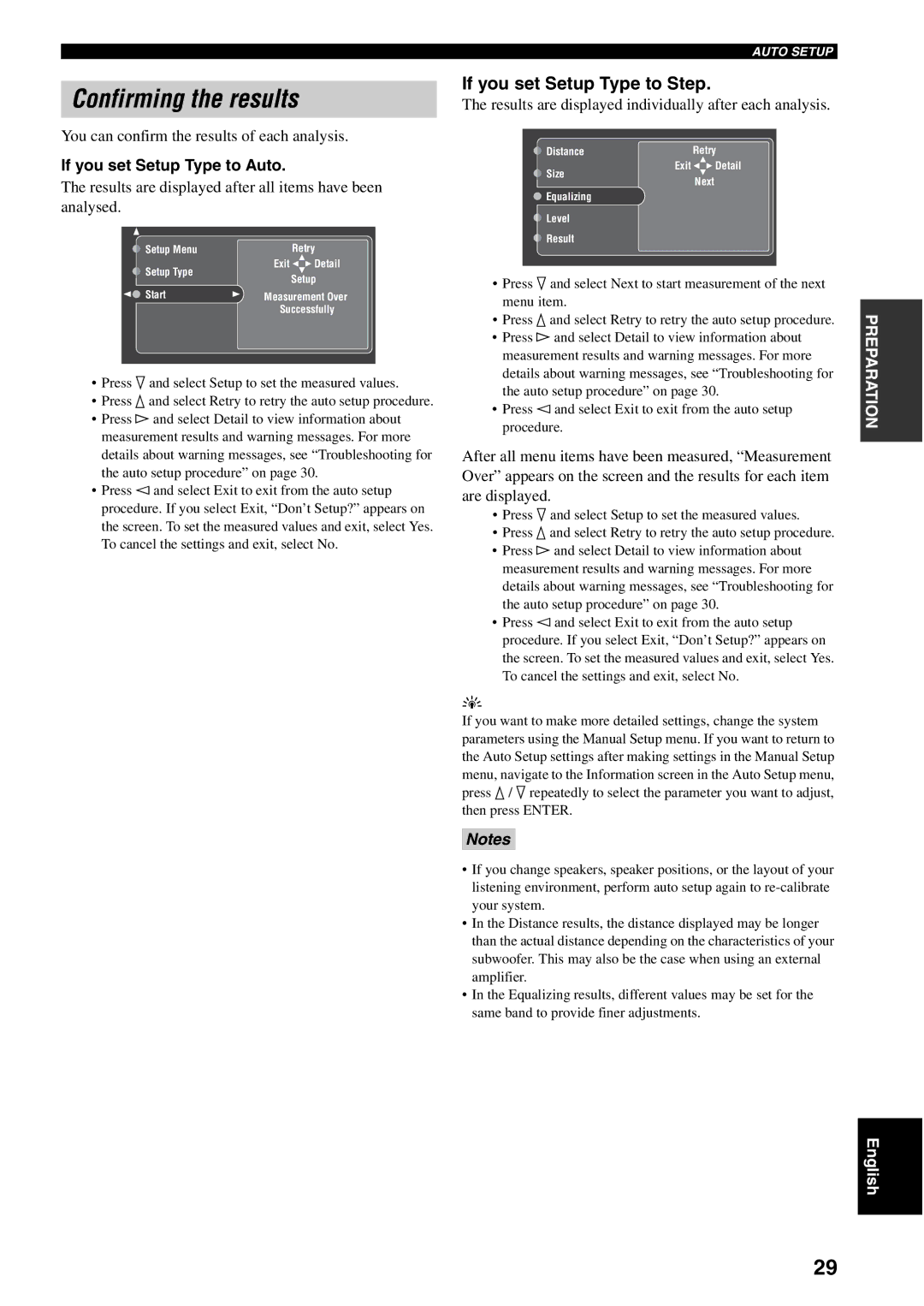 Yamaha RX-V2500 owner manual Confirming the results, If you set Setup Type to Step, If you set Setup Type to Auto 