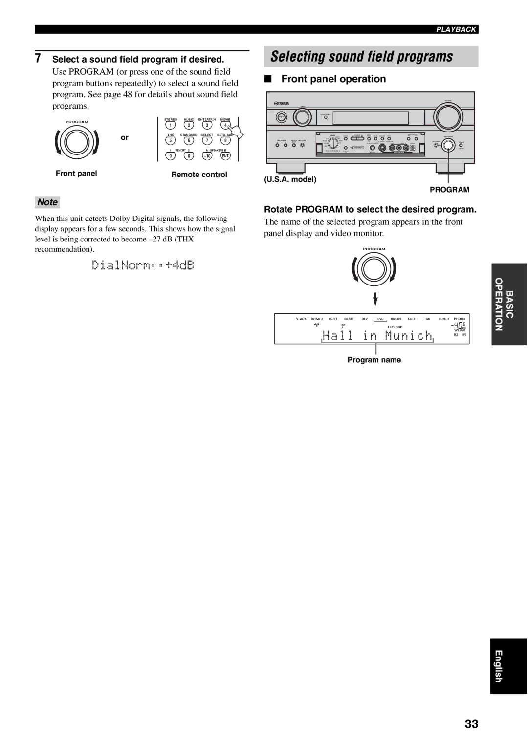 Yamaha RX-V2500 owner manual Selecting sound field programs, Front panel operation, Select a sound field program if desired 