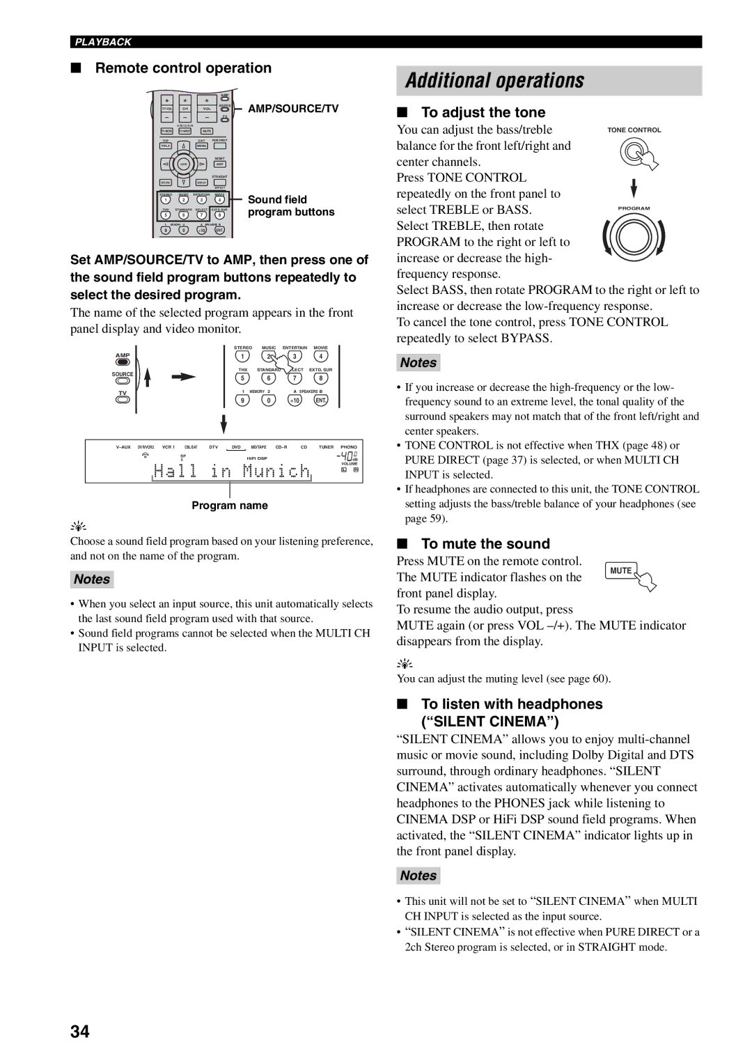 Yamaha RX-V2500 owner manual Additional operations, Remote control operation, To adjust the tone, To mute the sound 