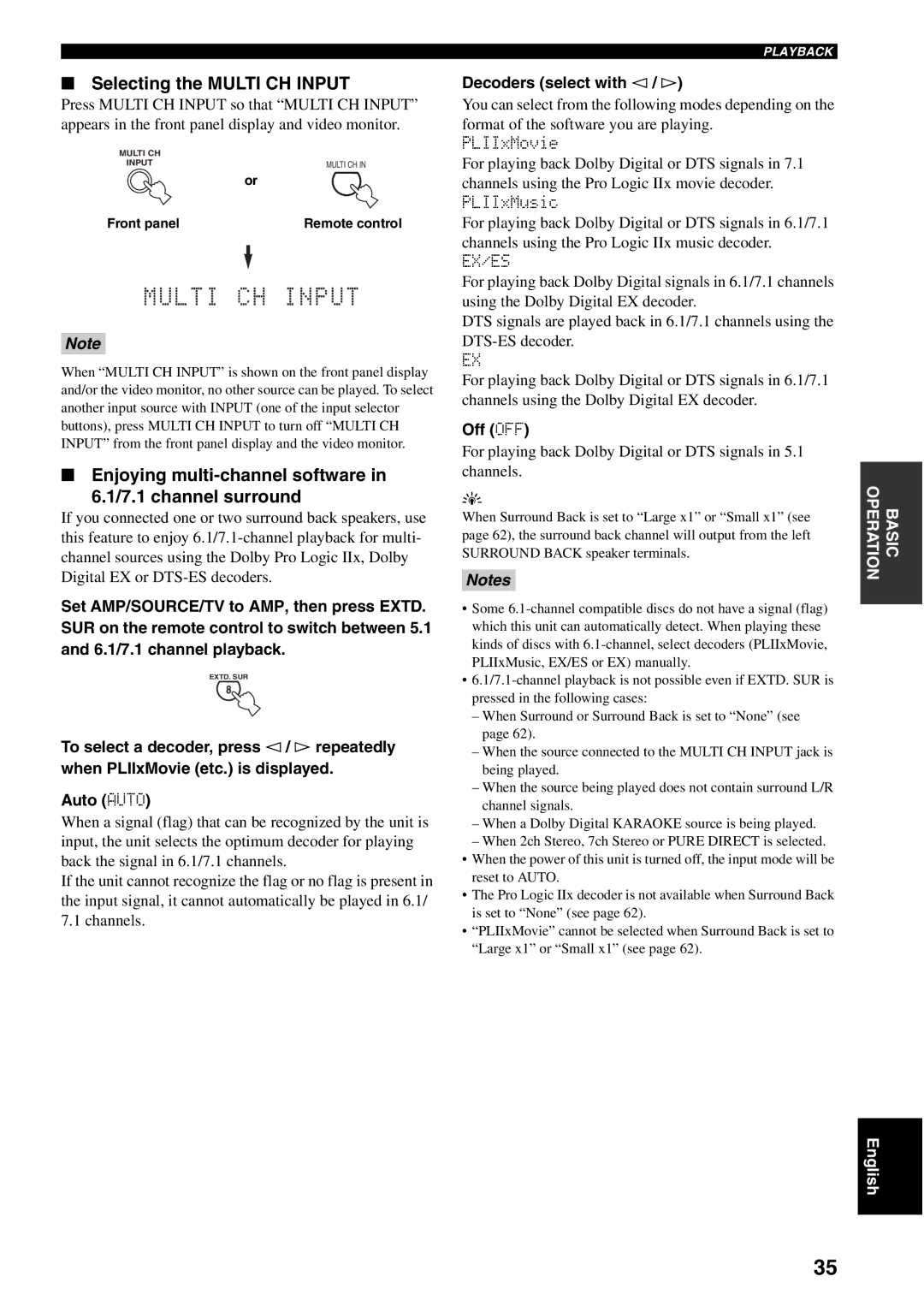 Yamaha RX-V2500 owner manual Selecting the Multi CH Input, Enjoying multi-channel software 7.1 channel surround, Off OFF 