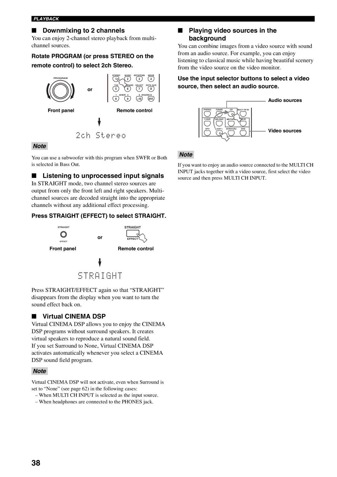 Yamaha RX-V2500 owner manual Downmixing to 2 channels, Listening to unprocessed input signals, Virtual Cinema DSP 