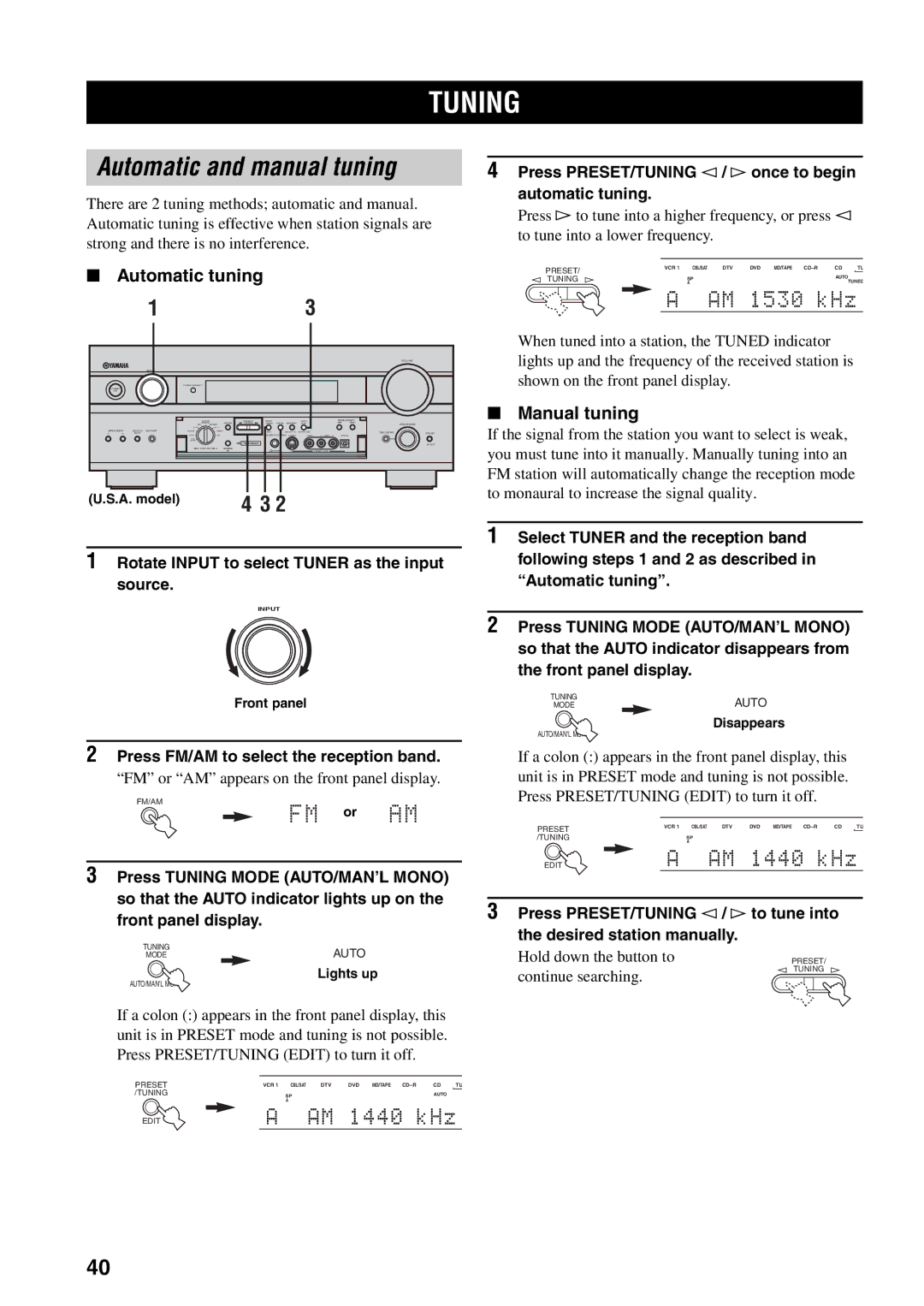 Yamaha RX-V2500 owner manual Tuning, Automatic and manual tuning, Automatic tuning, Manual tuning 